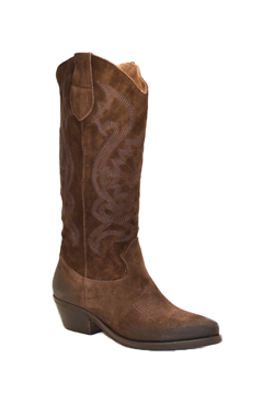 STIVALE TEXANO IN PELLE CON RICAMO IN TINTA ALTO CAMOSCIO TESTA DI MORO